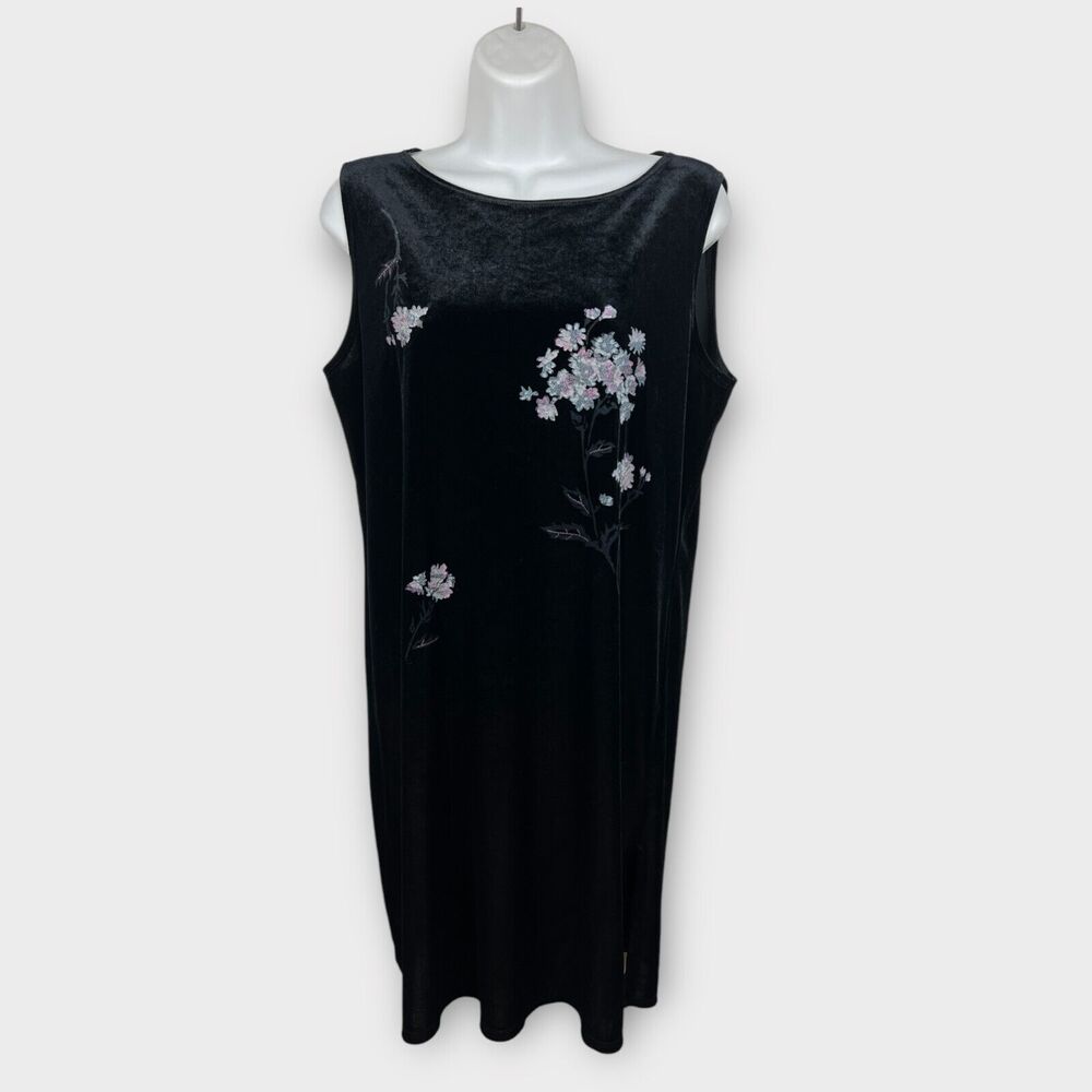 Vintage 90s dark romantic black‎ velvet sleeveless painted floral dress Size 10